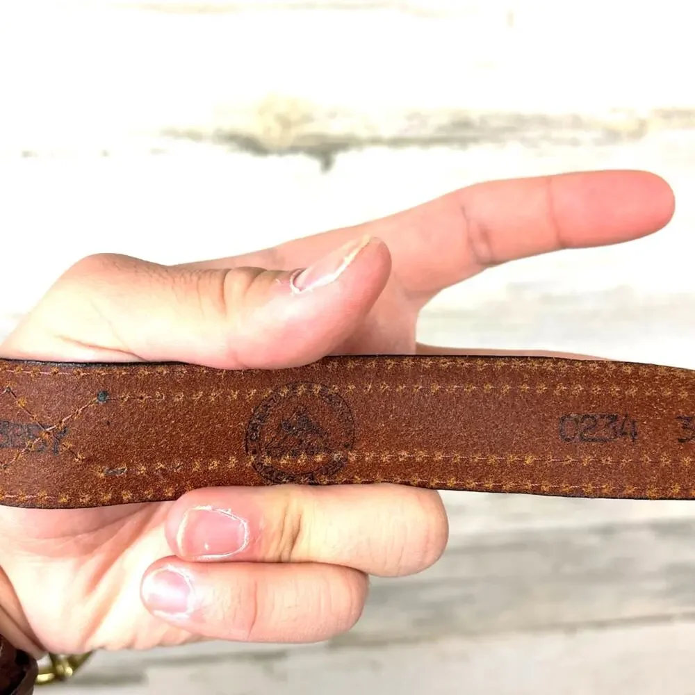 Vintage Handmade Unisex L Brown Leather Western Belt Brass Buckle 35 Inch